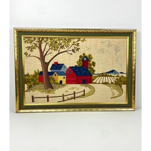 Vtg 1970 Needlepoint Cross Stitch Framed Country Farm Decor Cabin 23x33 in Large - Picture 2 of 10